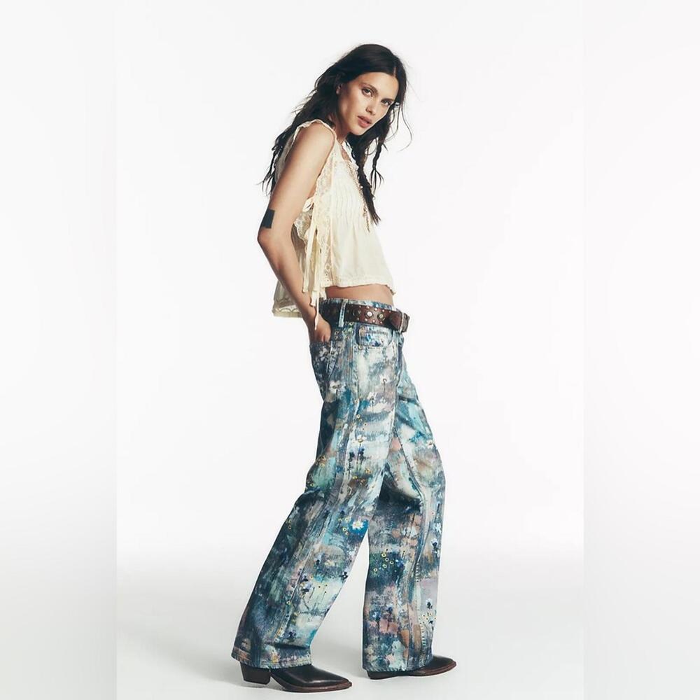 $198 FREE PEOPLE Tennessee Low-Rise Illusions Jeans in Floral Canvas Sz26 #948 - Picture 4 of 12